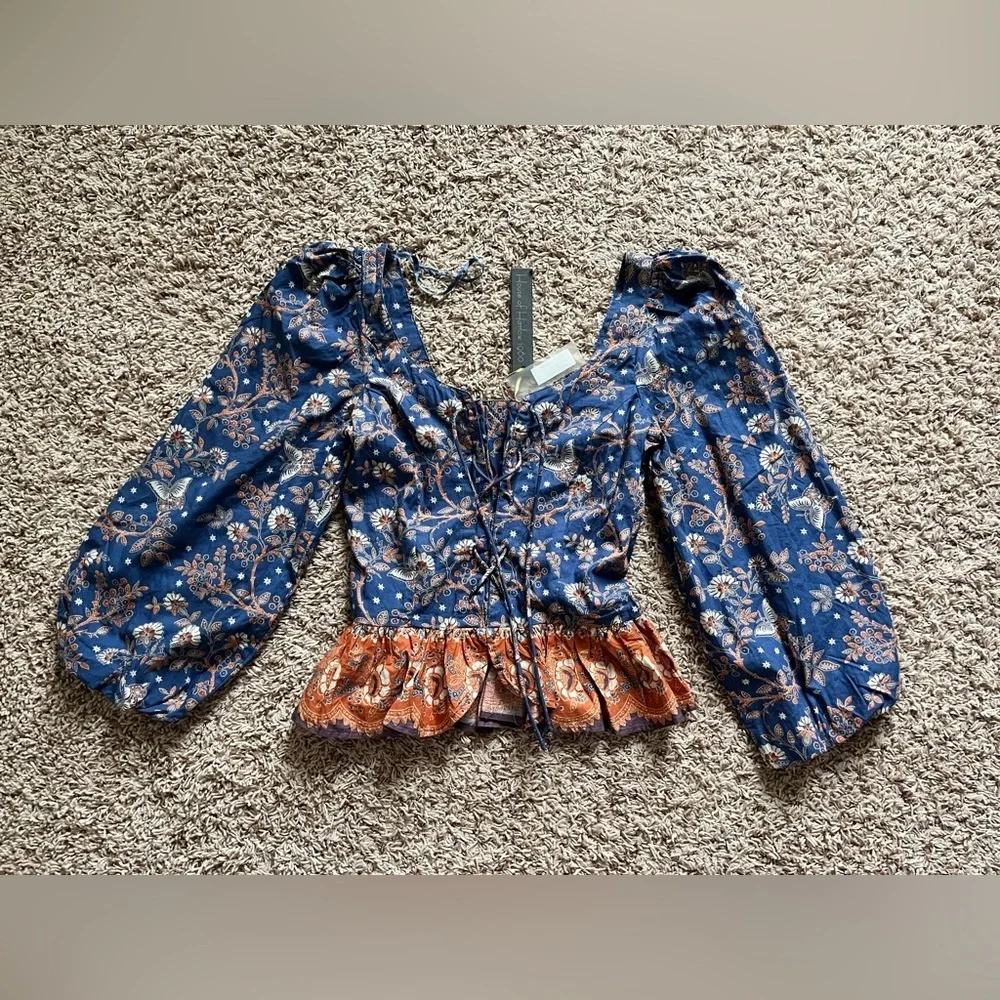 House of Harlow 1960 Nastassia blue and orange floral billowy puff sleeve - Picture 6 of 16